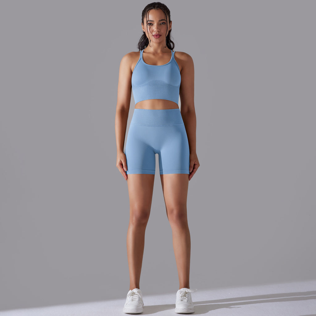 Seamless Knitted Solid Color Beauty Back High Elastic Sports Skinny Yoga Clothes Suit Running Fitness Two Piece Set