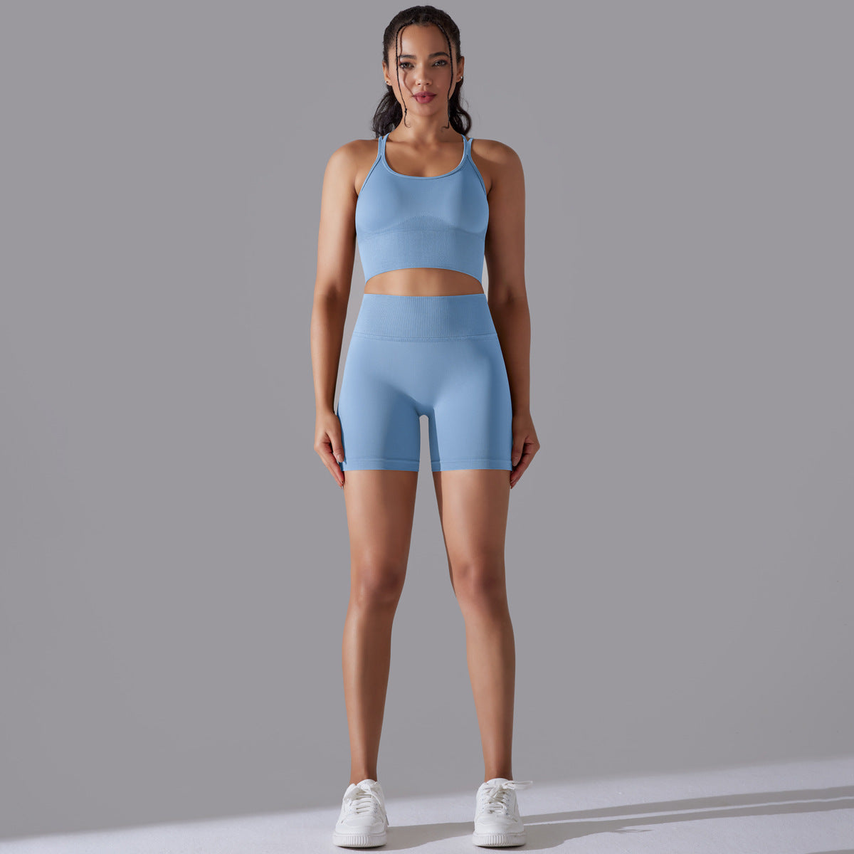 Seamless Knitted Solid Color Beauty Back High Elastic Sports Skinny Yoga Clothes Suit Running Fitness Two Piece Set