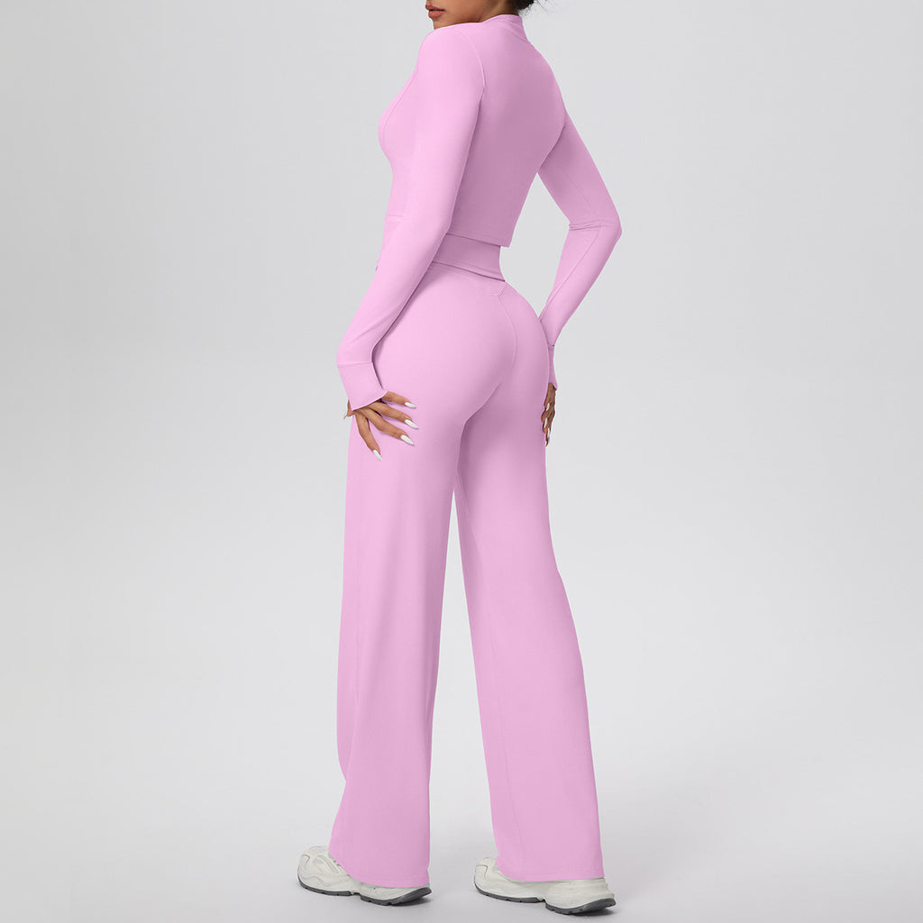 Women Solid Color Zip Long Sleeve Coat Oblique Shoulder Vest Baggy Straight Trousers Workout Clothes Yoga Three Piece Set