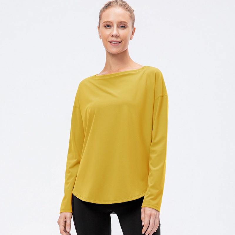 Women Autumn Winter Nylon Double Sided Nude Feel Yoga Long Sleeve Off Shoulder Loose Running Training Workout Clothes