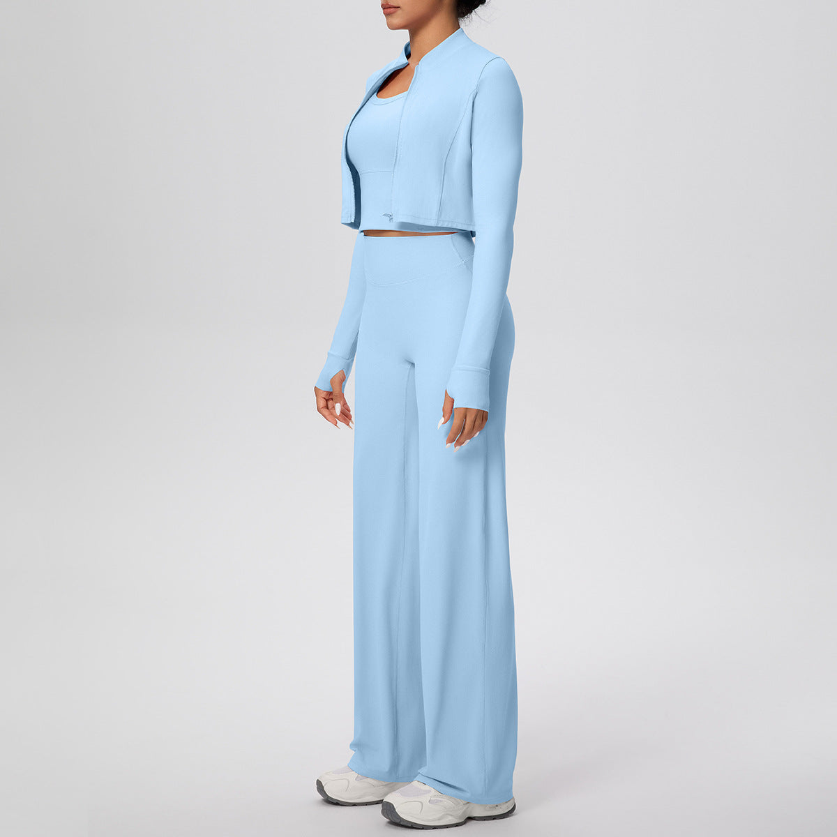 Solid Color Sports Zip Long Sleeve Coat Inner Vest Baggy Straight Trousers Workout Clothes Yoga Three Piece Suit