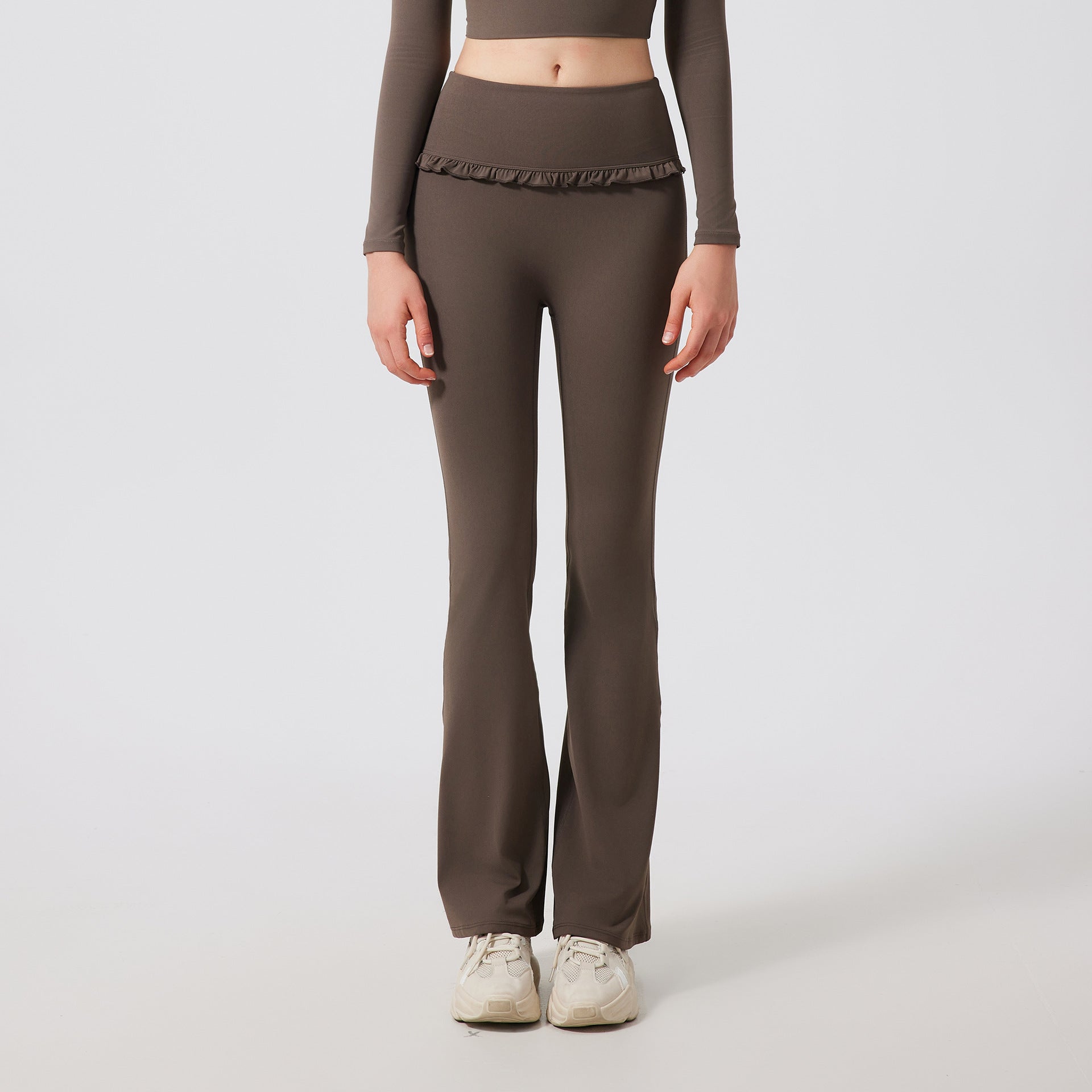 Ruffled Skinny Yoga Pants Women High Waist Slimming Sports Bell Bottom Pants Slim Fit Breathable Casual Fitness Trousers