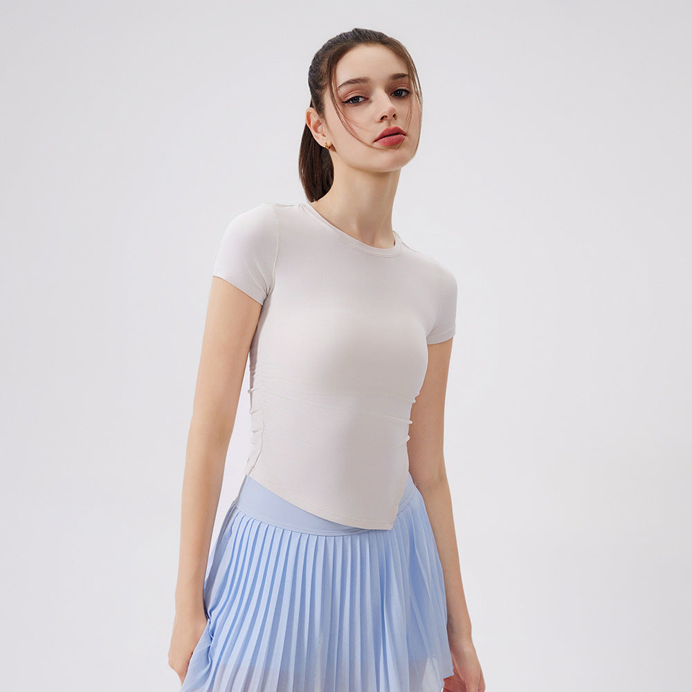 Cool Breathable Antibacterial Asymmetric Waist-Tight Sports Top Women Short Sleeved T shirt Running Training Clothes Fitness Yoga Clothes