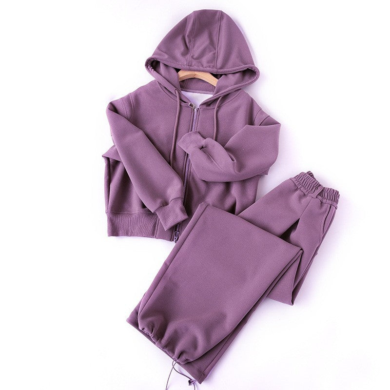 Sports Casual Women Idle Knitted Hoodie Coat Wide Leg Pants Two Piece Set