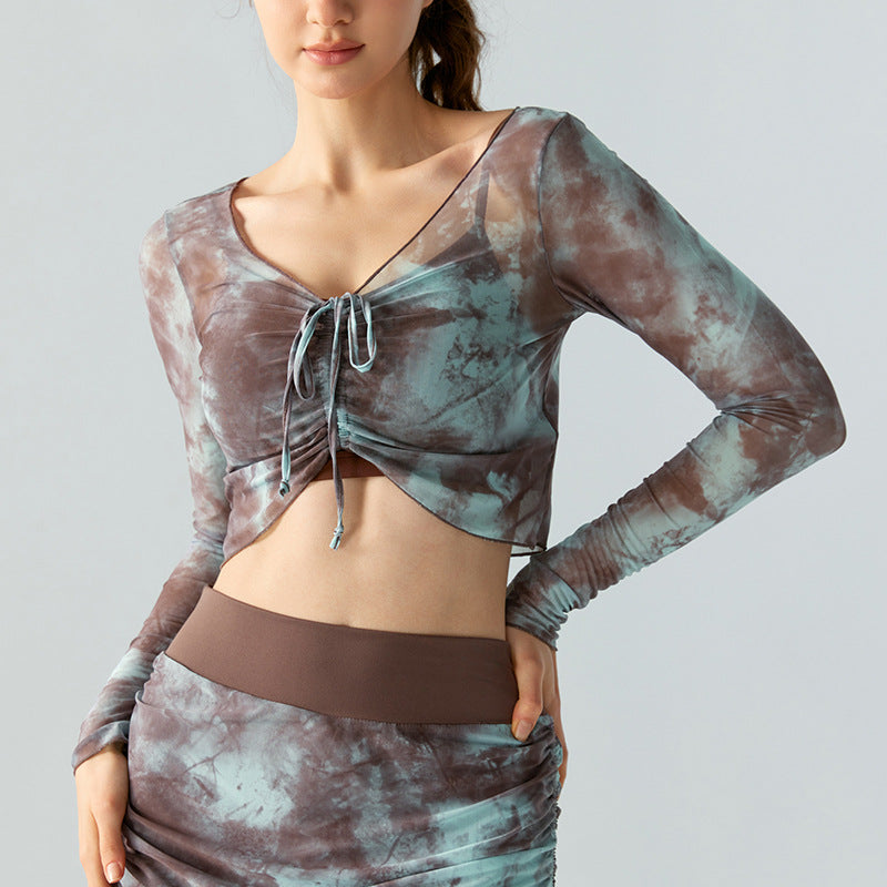 Sexy Sexy Yoga Blouse Women Printed Mesh High Grade Fitness Long Sleeve Loose All Match Sportswear Top