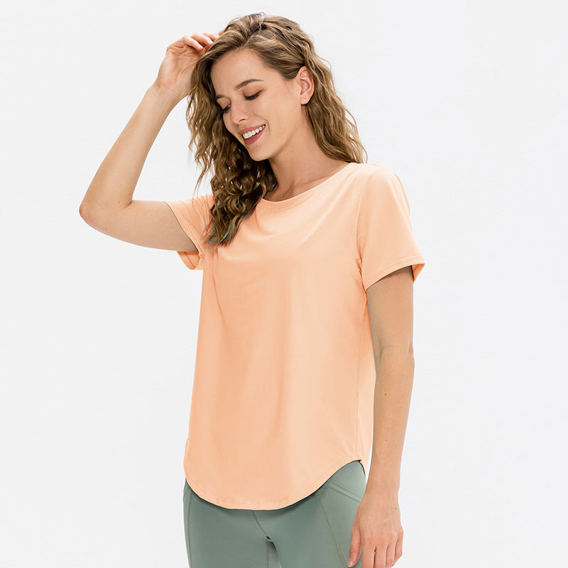 Camiseta deportiva de yoga para mujer, de manga corta, holgada, ligera y transpirable, para correr, ropa de entrenamiento elástica, de secado rápido.