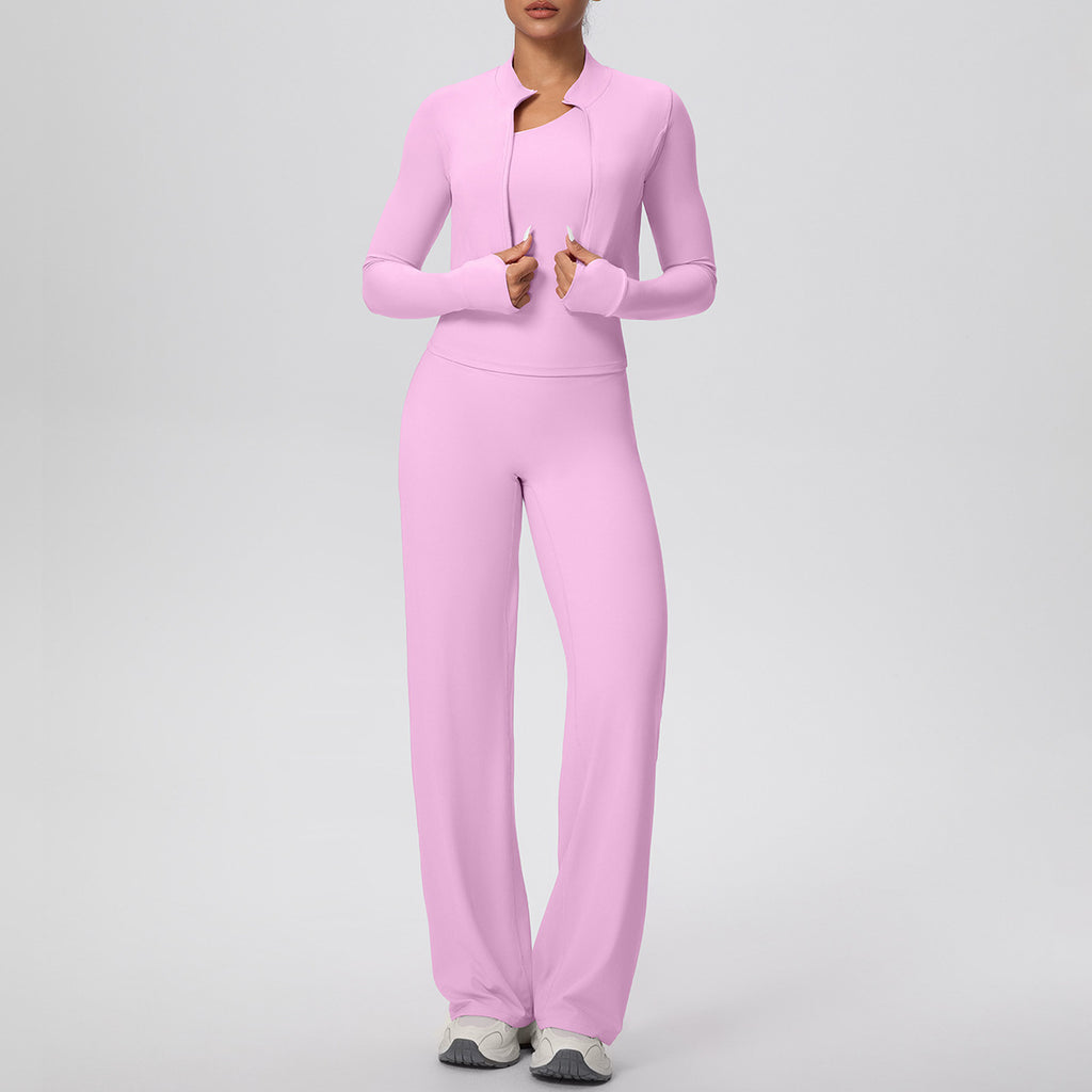 Women Solid Color Zip Long Sleeve Coat Oblique Shoulder Vest Baggy Straight Trousers Workout Clothes Yoga Three Piece Set