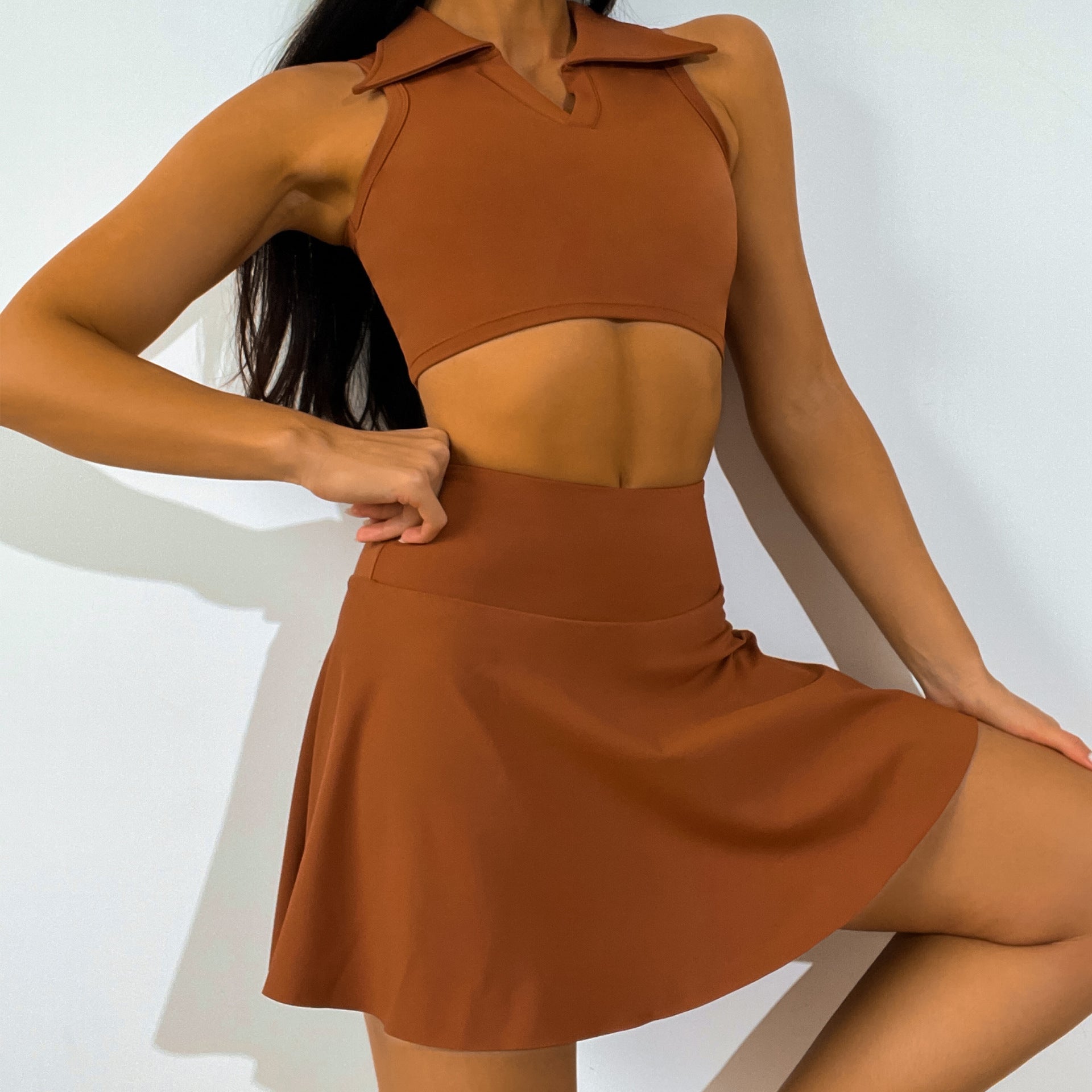 Yoga Clothes Women Summer Shirt Collar Yoga Vest Faux Two Pieces High Waist Anti-Exposure Yoga Exercise Skirt Outfit