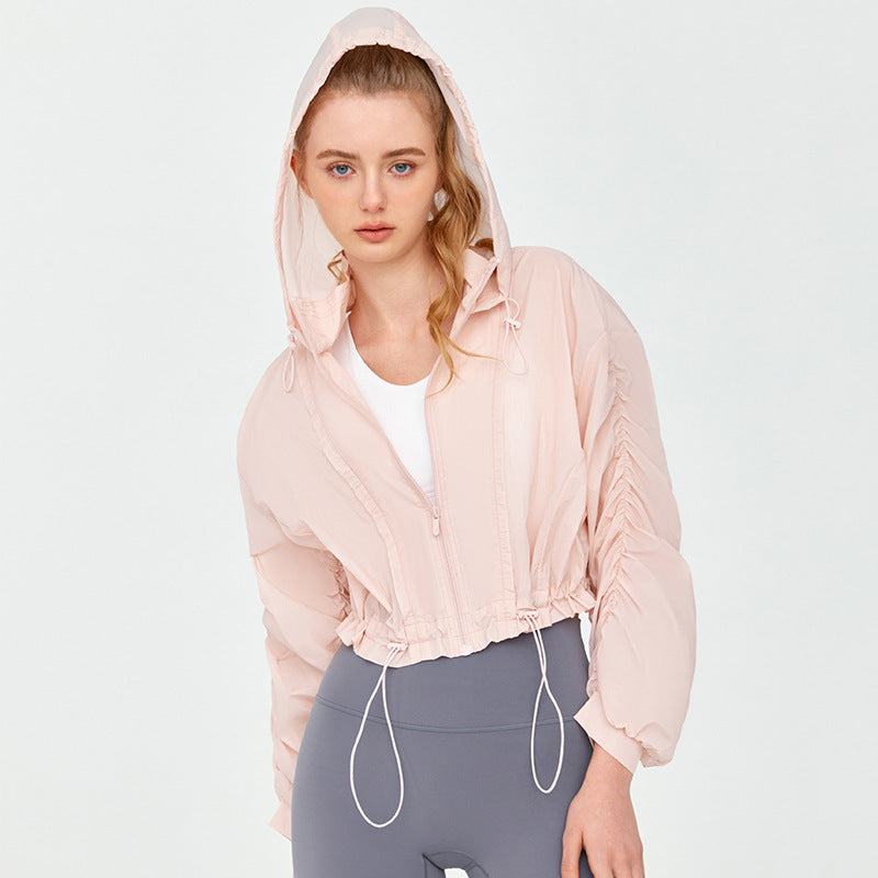 High Grade Sun Protective Clothing Women Outdoor Loose Short Breathable Sun Protection Long Sleeve Hooded Ruched Sun Protection Jacket