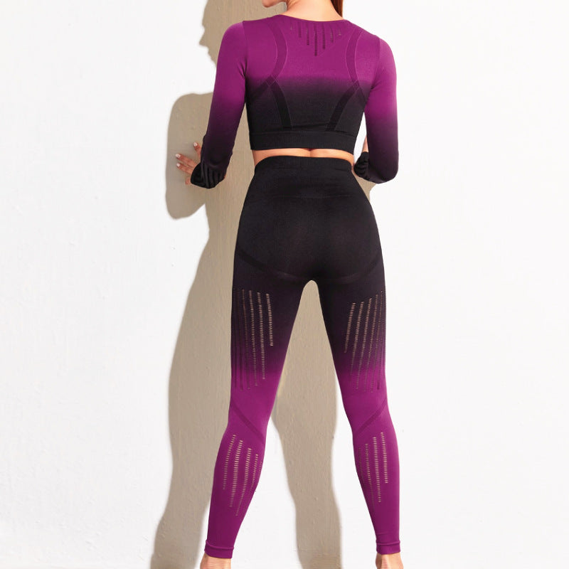Spring Summer Gradient Exercise Yoga Clothes Quick-Drying Breathable Fitness Running Long Sleeve Trousers Two Piece Set