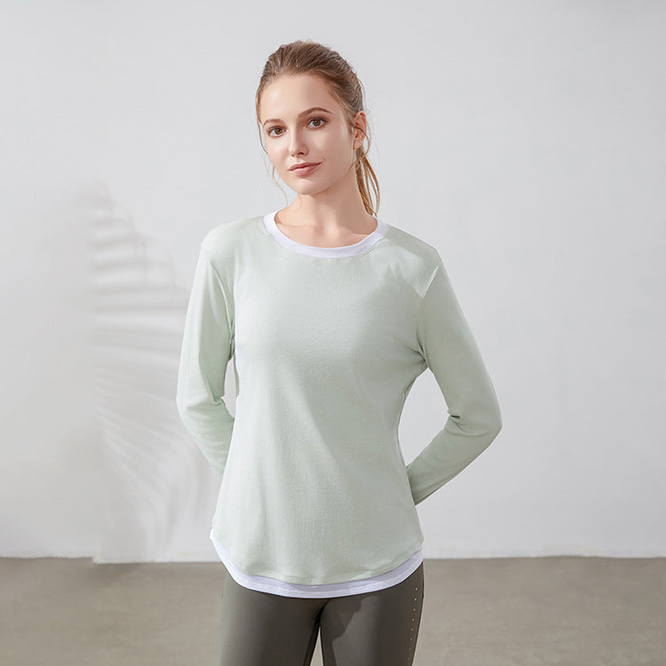 Sports Faux Two Piece Color Matching Long Sleeved Top Women Round Neck Loose Workout Clothes Internet Celebrity Quick Drying Clothes Yoga T Shirt