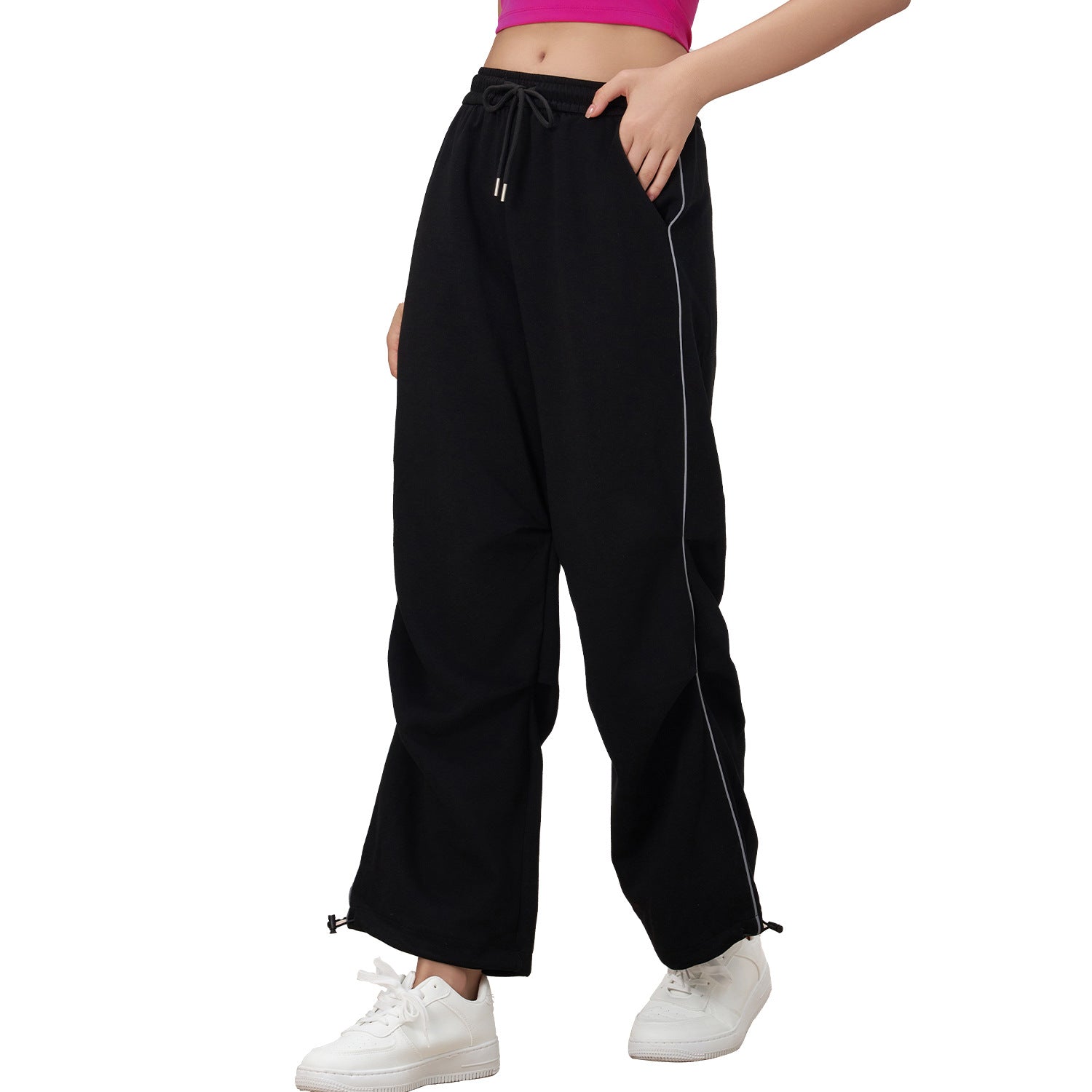 Pantalones deportivos casuales de verano para mujer, pantalones casuales con tiras luminosas, pantalones casuales de cintura alta con textura suelta, pantalones rectos de pierna ancha