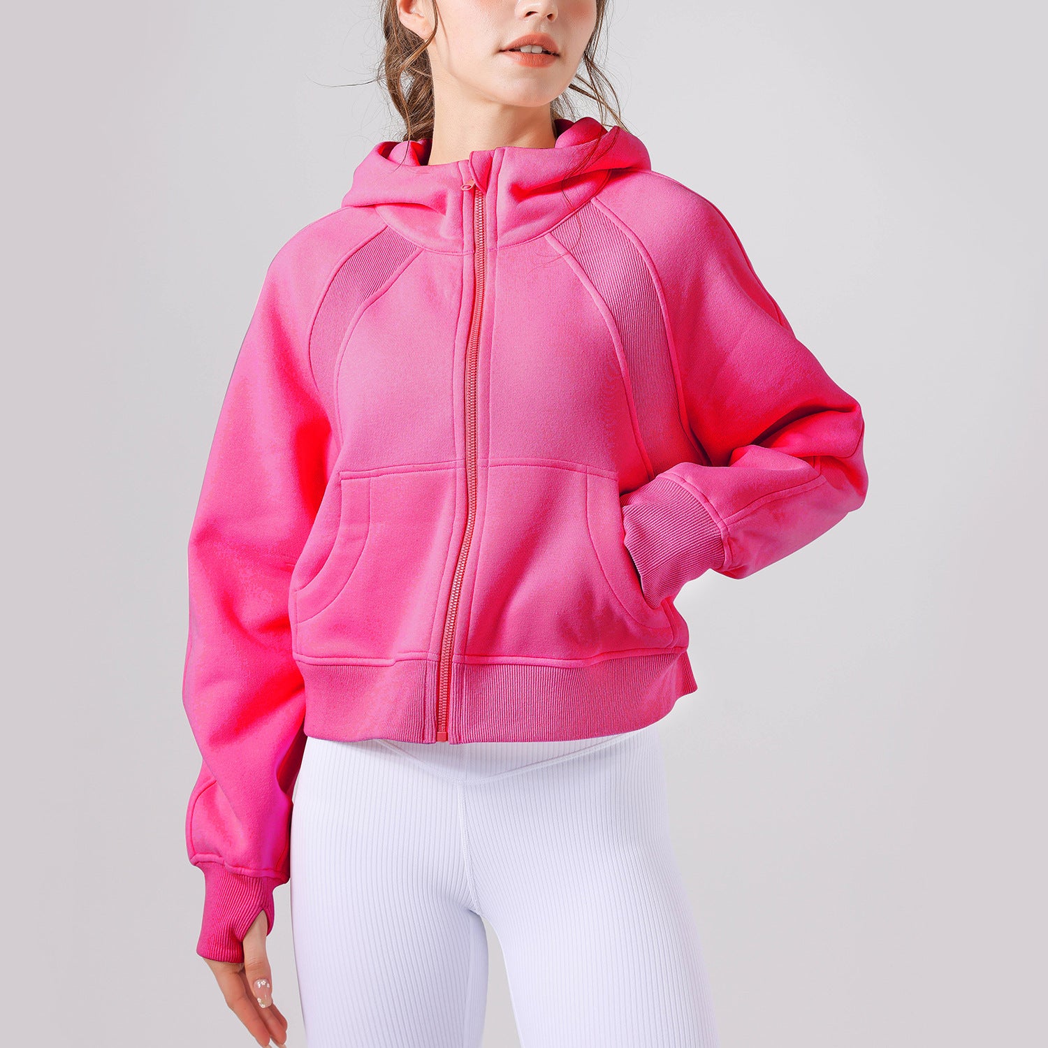 Pull à capuche épais et ample, style décontracté, fermeture éclair intégrale, idéal pour le yoga en automne et en hiver. Vêtements de sport pour femmes.