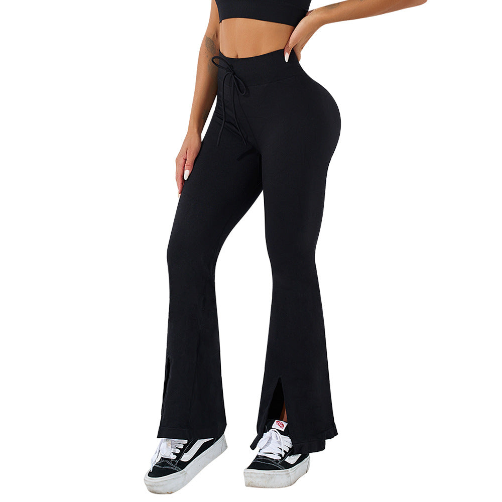 Drawstring Sports Yoga Pants Sexy Hip Lifting Workout Exercise Pants High Waist Casual Slit Bell Bottom Pants