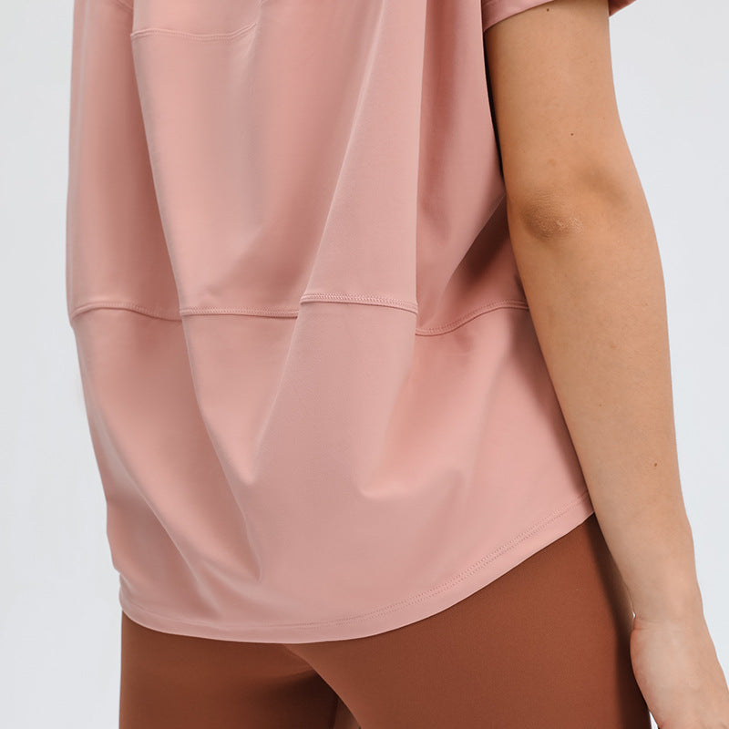 Spring Summer Brushed Nude Feel Yoga Short Sleeve Outer Wear Fashionable All Match Drape Breathable Simple Loose Yoga