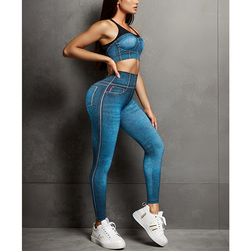 Legging de sport en jean bleu pour la course, le fitness et le yoga. Soutien-gorge sans coutures taille haute, brassière et coussinets.