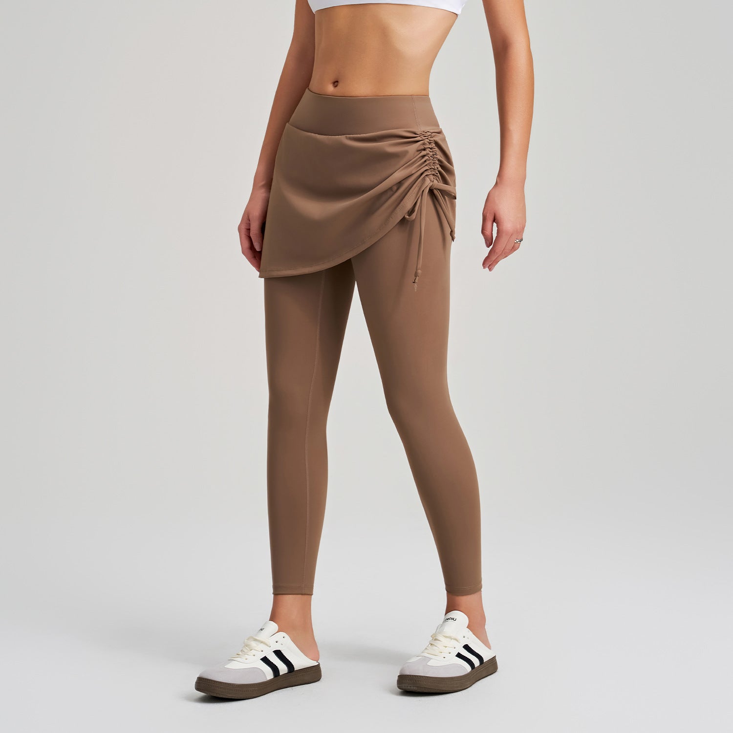 Pantalon de yoga deux pièces effet culotte femme, taille haute élastique avec cordon de serrage, coupe slim, pantalon de danse et de sport