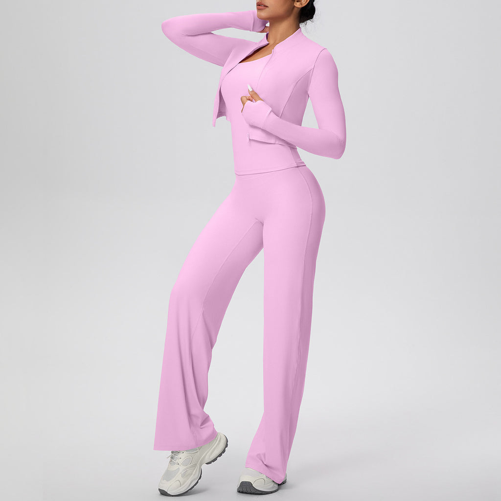 Women Solid Color Zip Long Sleeve Coat Oblique Shoulder Vest Baggy Straight Trousers Workout Clothes Yoga Three Piece Set