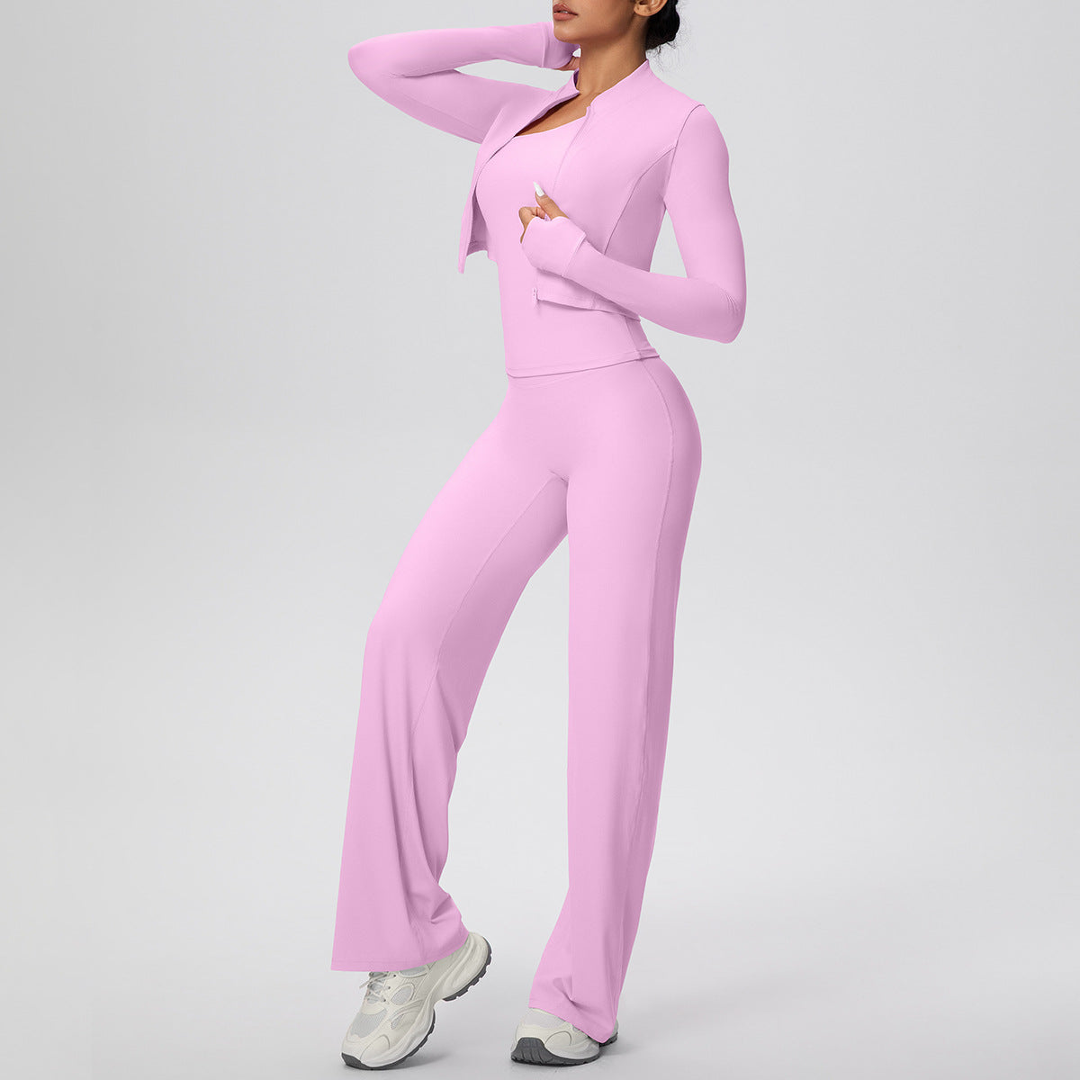 Women Solid Color Zip Long Sleeve Coat Oblique Shoulder Vest Baggy Straight Trousers Workout Clothes Yoga Three Piece Set