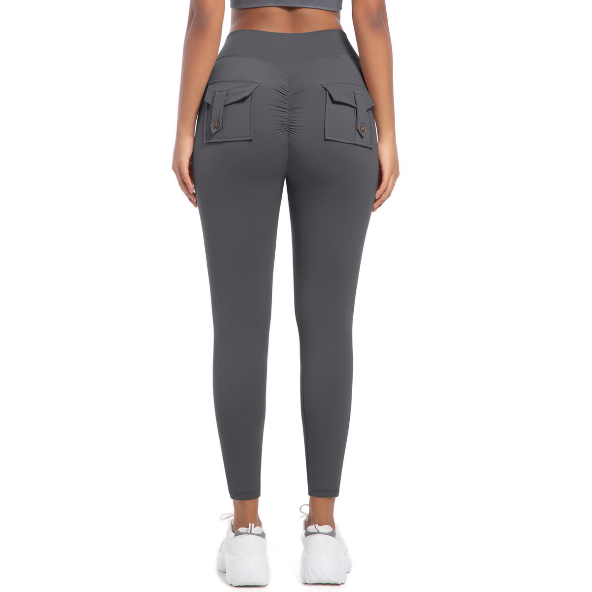 Pantalones de yoga ajustados con bolsillos y cintura alta, elásticos, con botones para levantar la cadera y secado rápido para correr y fitness para mujer.