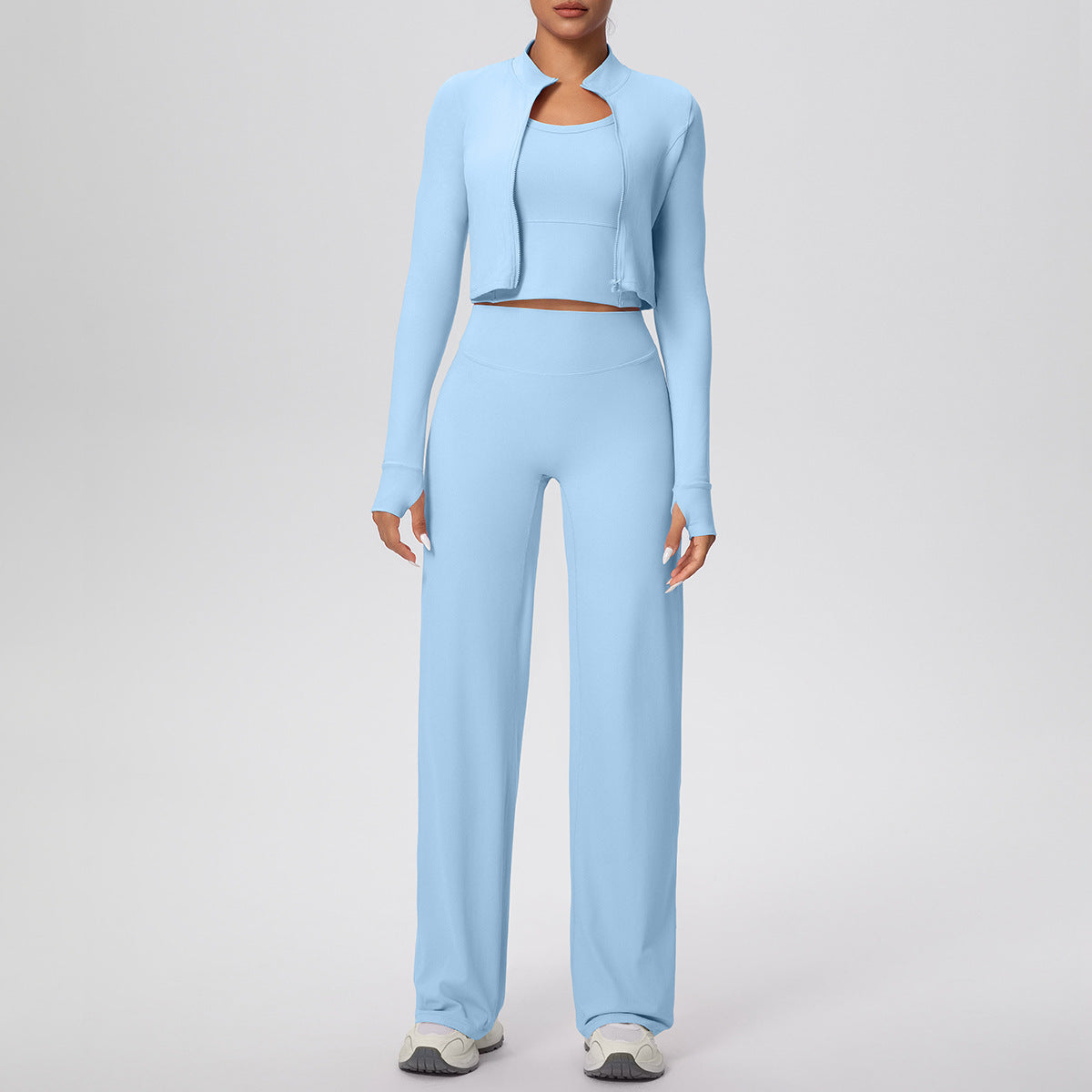 Solid Color Sports Zip Long Sleeve Coat Inner Vest Baggy Straight Trousers Workout Clothes Yoga Three Piece Suit