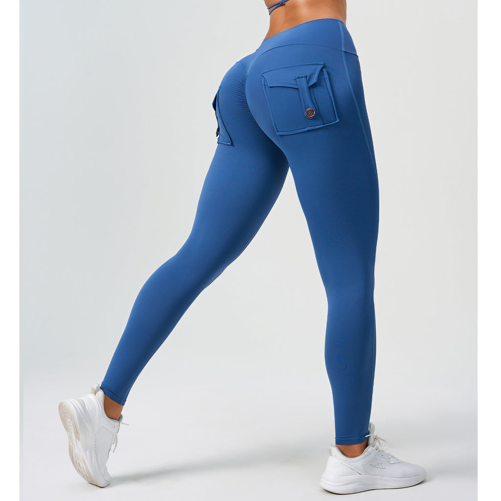 Peach Hip Tooling Nude Feel Tight Pocket Yoga Pants High Waist Stretch Hip Lift Button Quick Drying Running Fitness Pants