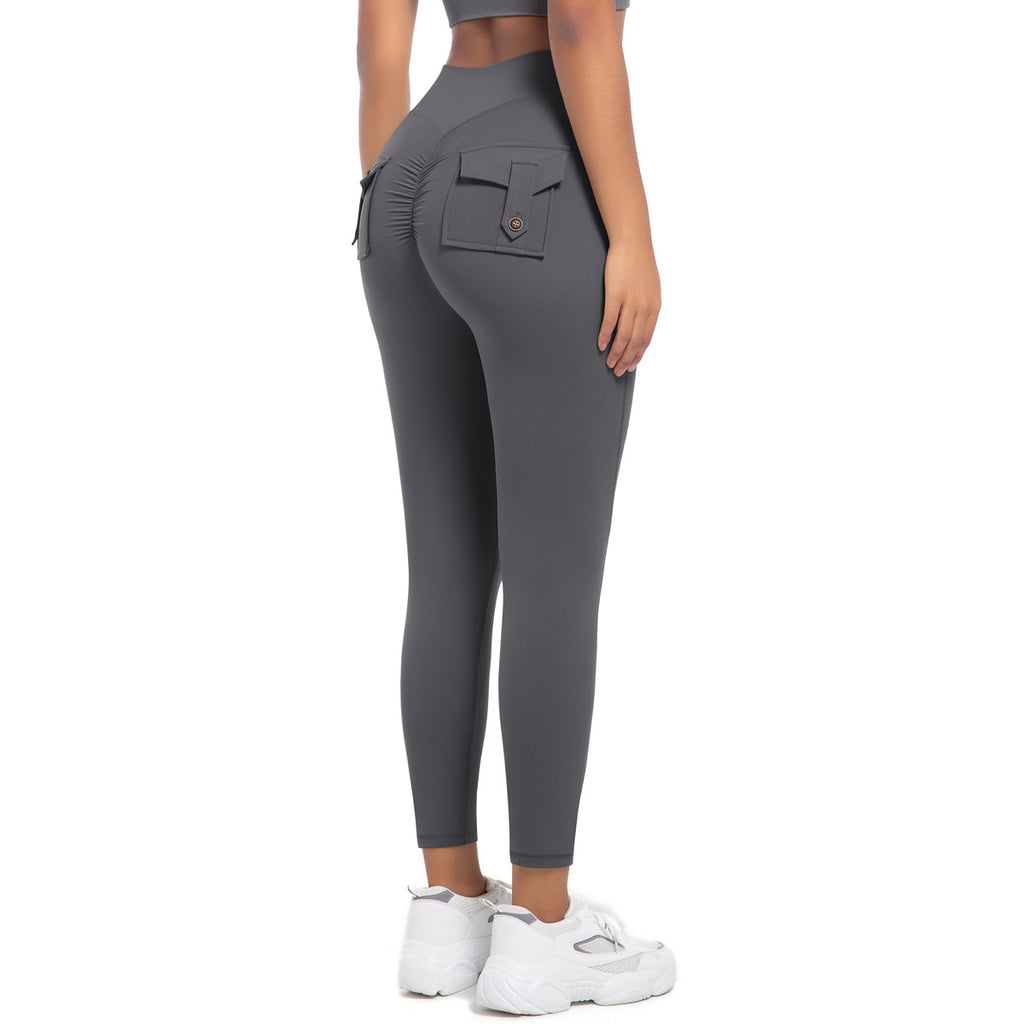 Pantalones de yoga ajustados con bolsillos y cintura alta, elásticos, con botones para levantar la cadera y secado rápido para correr y fitness para mujer.