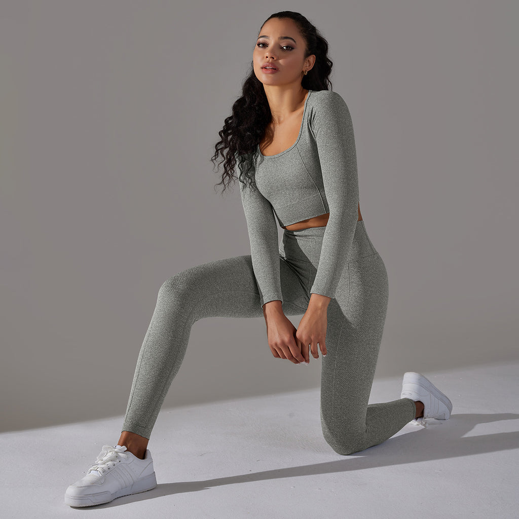 Seamless Knitted Long Sleeve Exercise Workout Pants Quick Drying Jacquard Breathable Hip Lifting Running Yoga Clothes Suit