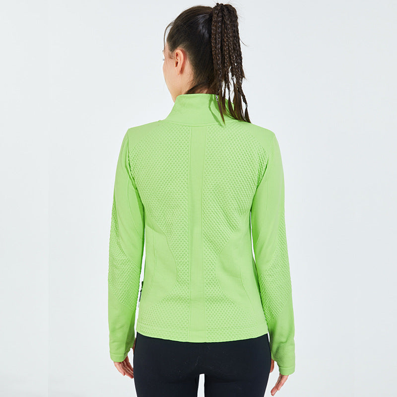 Veste de sport décontractée à manches longues, doublée polaire sans coutures, coupe ajustée, col montant, couleur unie, idéale pour la course, le fitness et le yoga (femme)