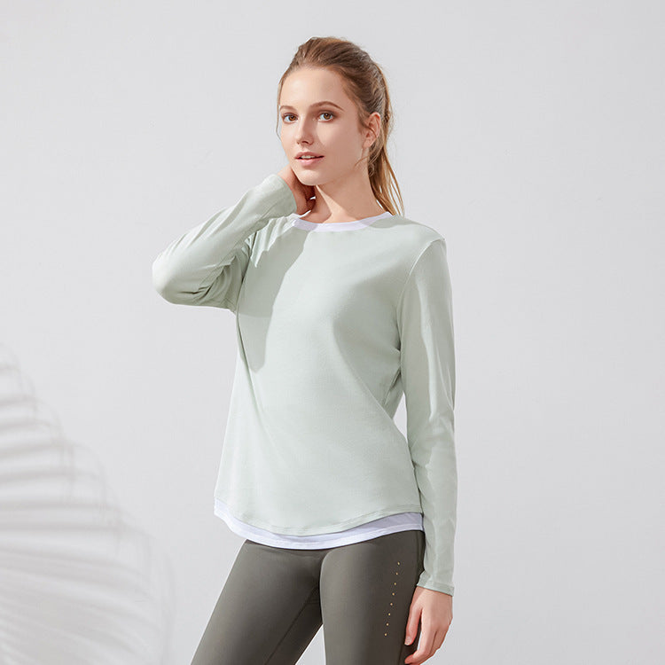 Sports Faux Two Piece Color Matching Long Sleeved Top Women Round Neck Loose Workout Clothes Internet Celebrity Quick Drying Clothes Yoga T Shirt