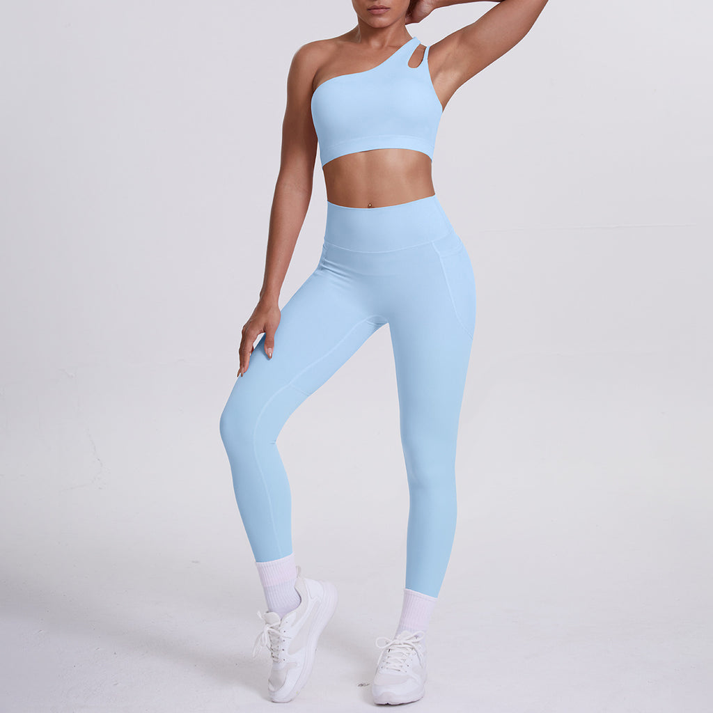 Soutien-gorge de yoga asymétrique dos nu effet seconde peau, sous-vêtements de sport, pantalon de yoga/course, pantalon de fitness avec poches