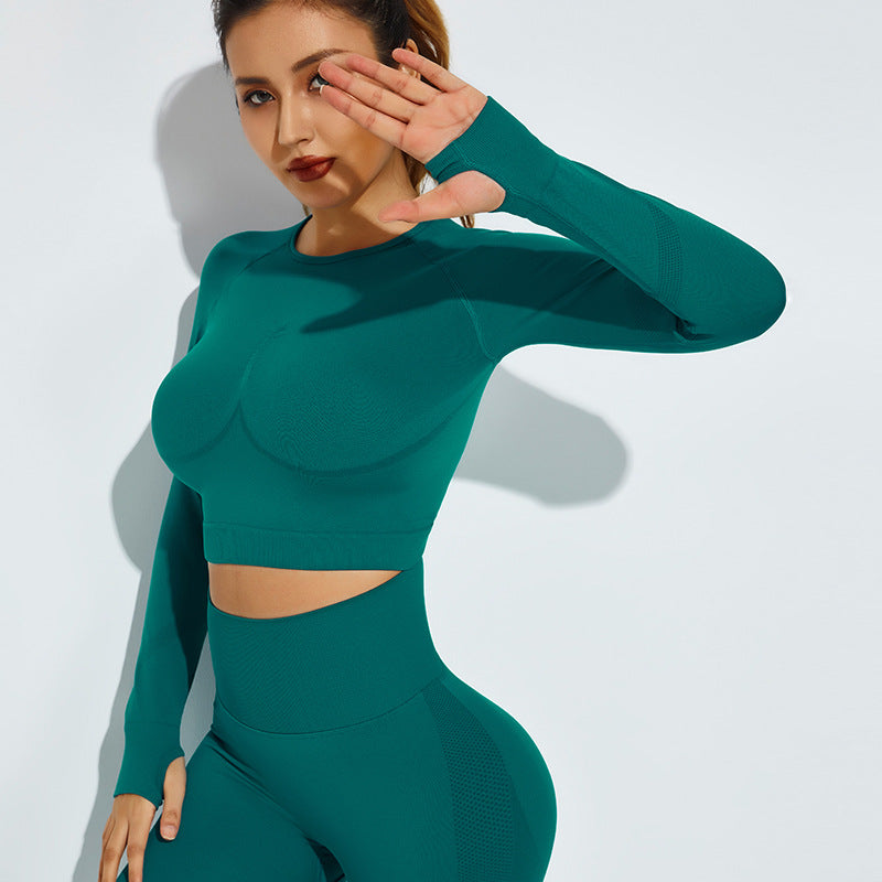 Seamless Knitted High Elastic Fitness Sports Long Sleeved Top High Waist Running Training Yoga Clothes Women