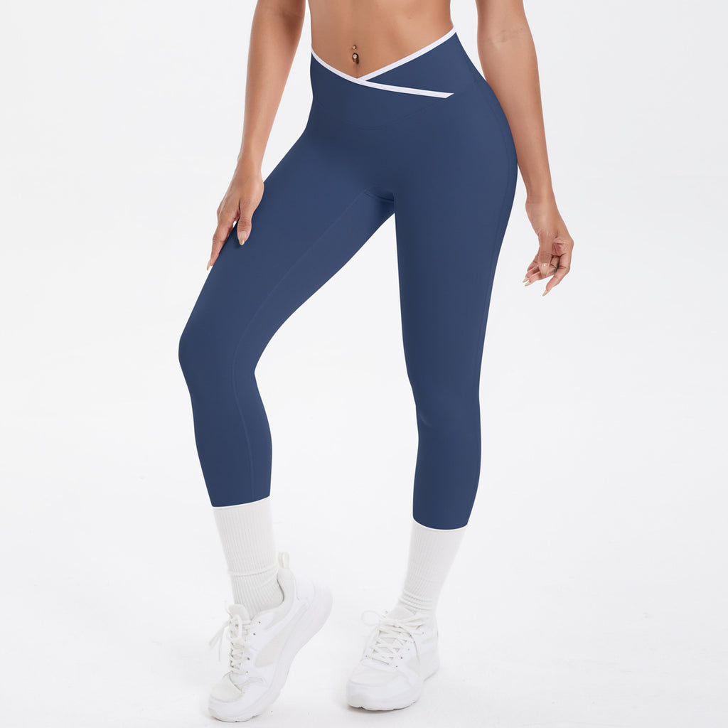 Nude Feel Skinny Yoga Pants Contrast Color Sexy Hip Lifting Cross High Waist Cropped Pants Women Sports Fitness Pants