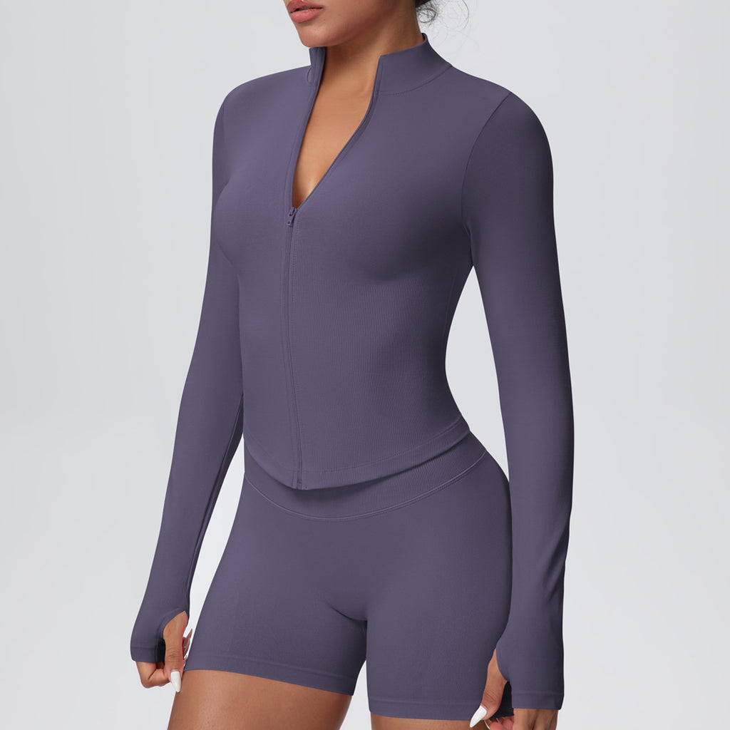 Stand Collar Knitted Long Sleeve Zipper Yoga Jacket Women Tight Quick Drying Yoga Clothes Outdoor Fitness Sports Top