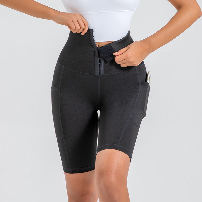 Belly Waist Shaping Fitness Pants Women Tight Running Quick Drying Sports Shorts High Waist Hip Lift Five Point Pocket