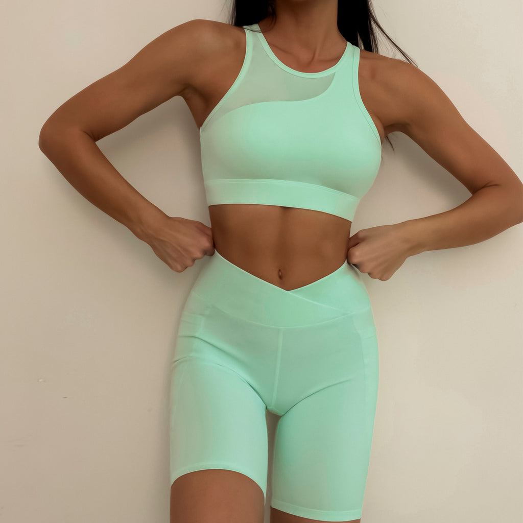 Ropa interior de yoga, ropa de entrenamiento para mujer, costura de malla, espalda descubierta, sujetador deportivo para correr