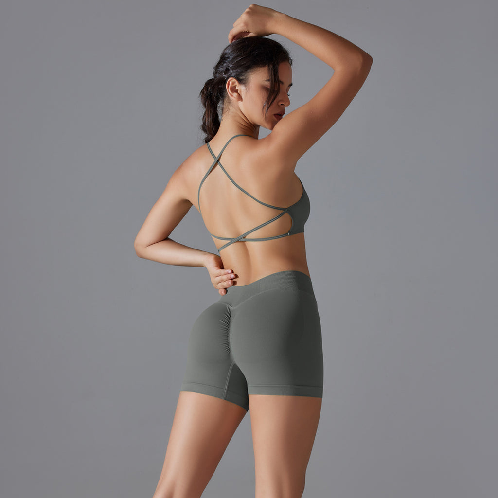 Pantalones cortos de yoga de punto color melocotón para levantar la cadera, sexys, con tirantes y espalda hermosa, para fitness y yoga