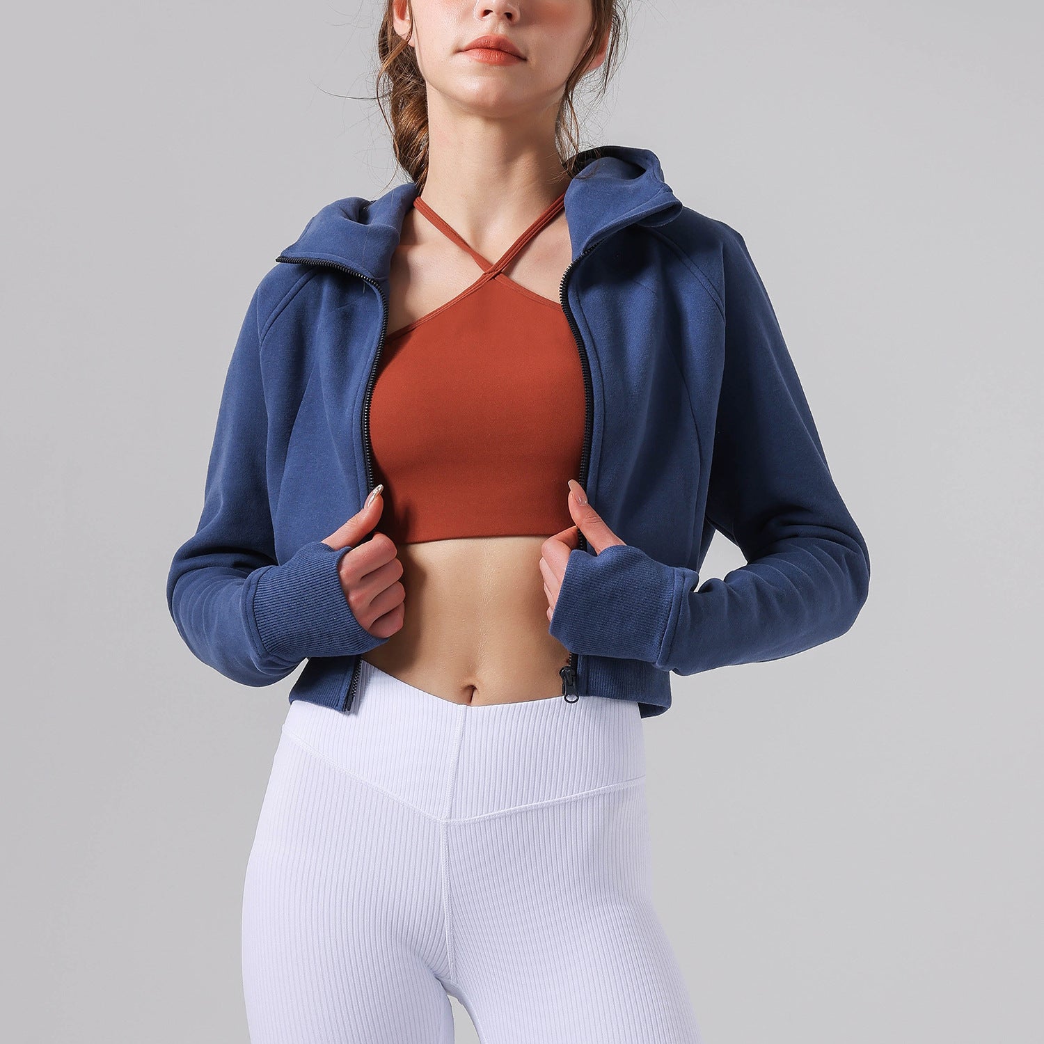 Suéter informal con forro polar para mujer, ropa de yoga cálida, suéter corto y holgado, abrigo con capucha, top deportivo de fitness de manga larga