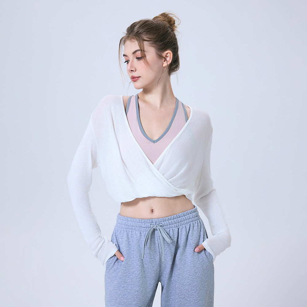 Knot Tencel Slimming Top Women Outer Wear Workout Clothes Running Yoga Long Sleeve Training Exercise T shirt Blouse