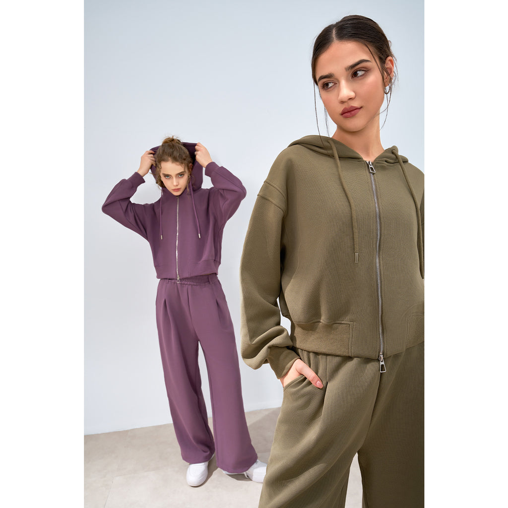 Sports Casual Women Idle Knitted Hoodie Coat Wide Leg Pants Two Piece Set