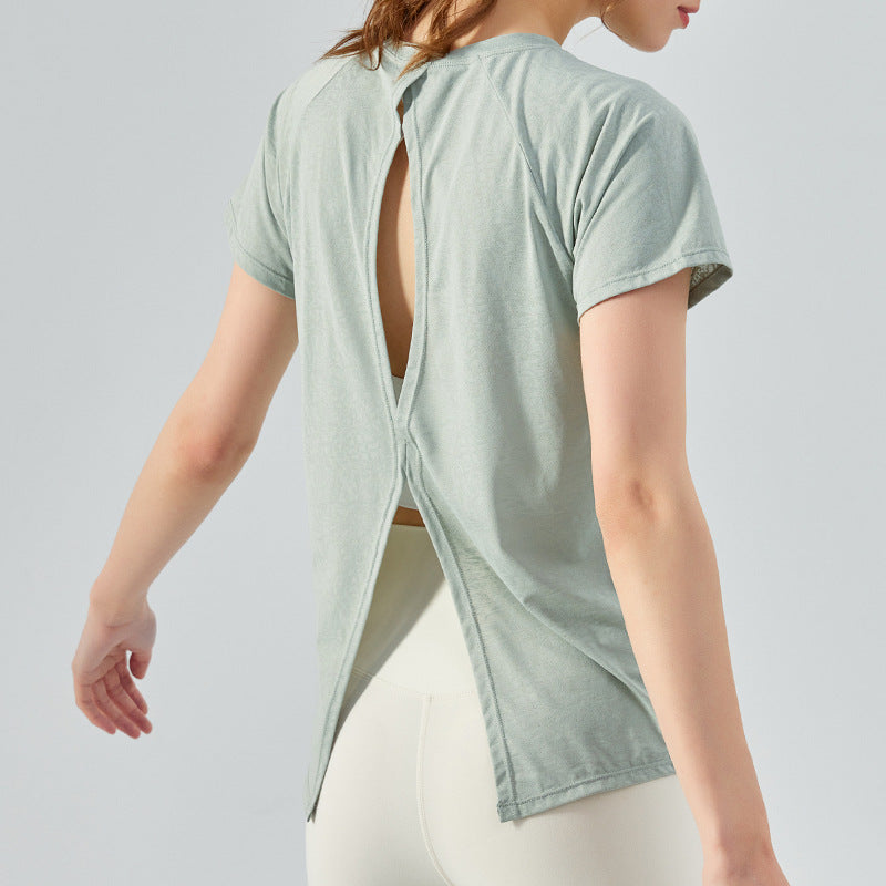 Spring Summer Outdoor Yoga Jacket Jade Jacquard Back Slit Hollow Out Cutout Beauty Back Sports Fitness Yoga Wear Blouse Women