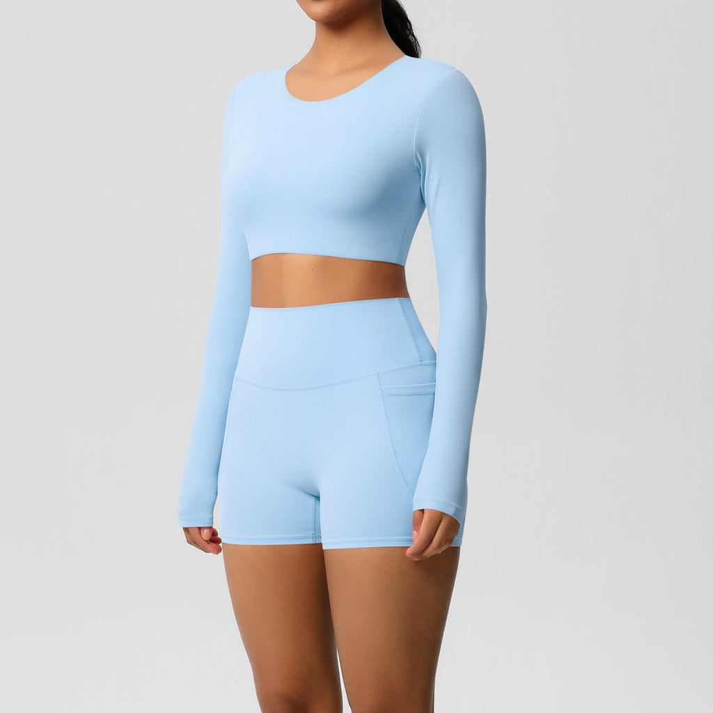 Brushed Chest Pad Yoga Clothes Pocket Shorts Long Sleeve Outdoor Running Fitness Yoga Set