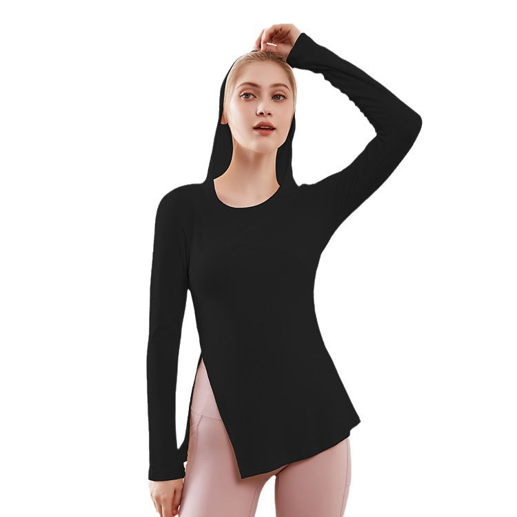 Slim Fit Hem Side Slit Sports Top Women Yoga Clothes Workout Long Sleeve Casual Hooded Running T Shirt