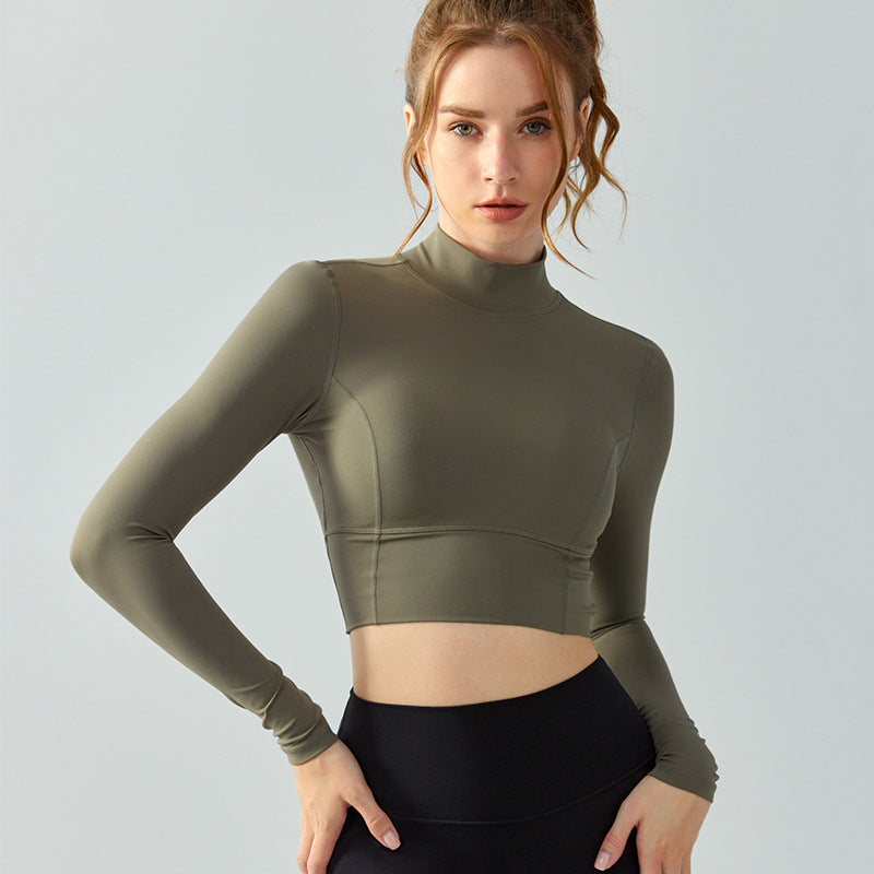 Workout Clothes Long Sleeve with Chest Pad Autumn Winter Stand Collar Sports Top Waist Slimming Hollow Out Cutout Beauty Back Long Sleeve Yoga Wear Women