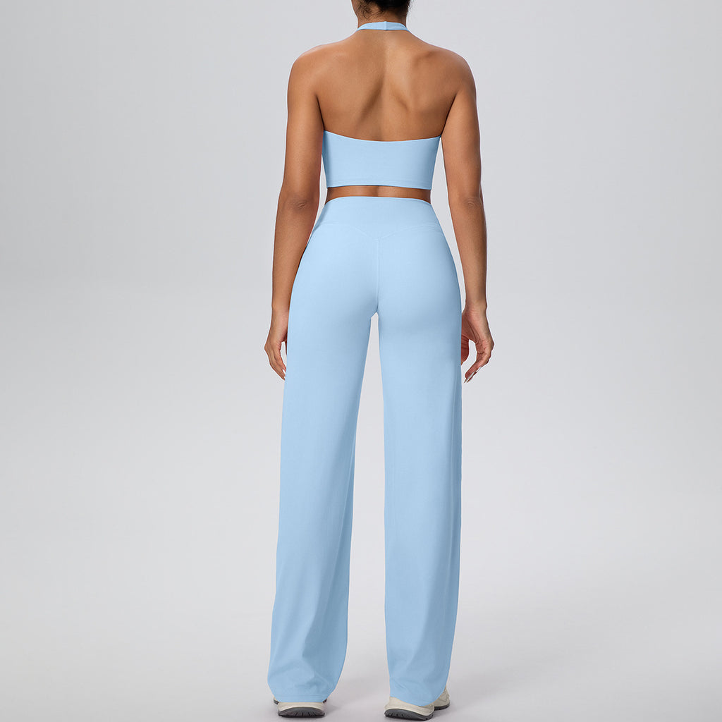 Micro Brushed Halter Beauty Back Exercise Gathering Vest Running Baggy Straight Trousers Fitness Yoga Wear Suit Women