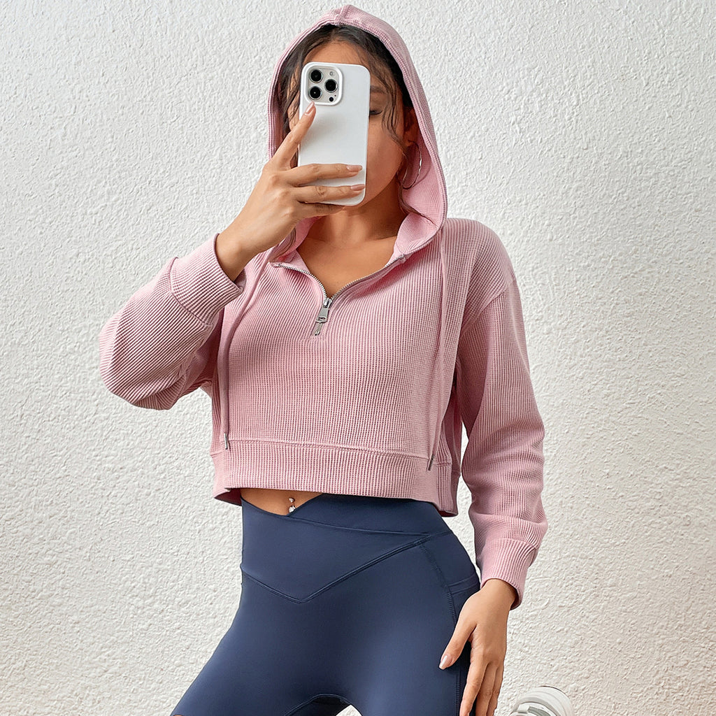 Spring Pink Waffle Hooded Half Zipper Sweater Women Sports Loose Slimming Top
