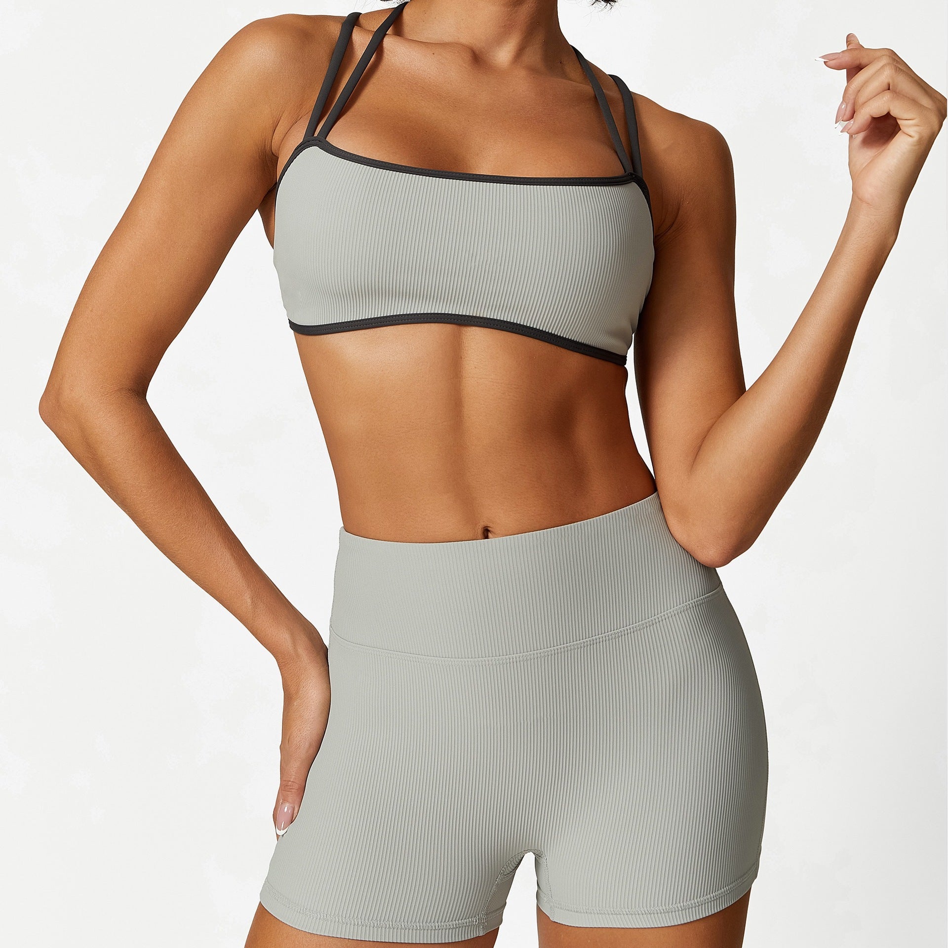 Thread Contrast Color Spaghetti Strap Sports Bra Fitness Clothes High Waist Shorts Yoga Clothes Suit