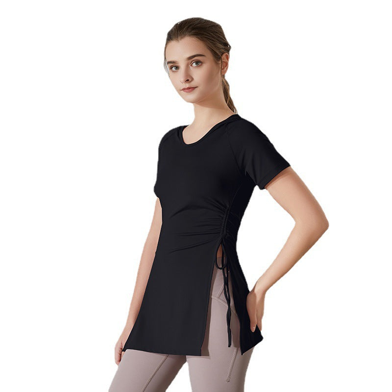 Ropa deportiva ajustada y fina para mujer, con capucha, de manga corta, de secado rápido, larga hasta el muslo, para yoga
