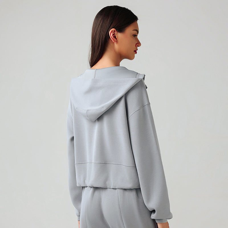 Hooded Zip Cardigan Coat Women Autumn Winter Loose Fitting Casual Pullover Running Fitness Sports Top