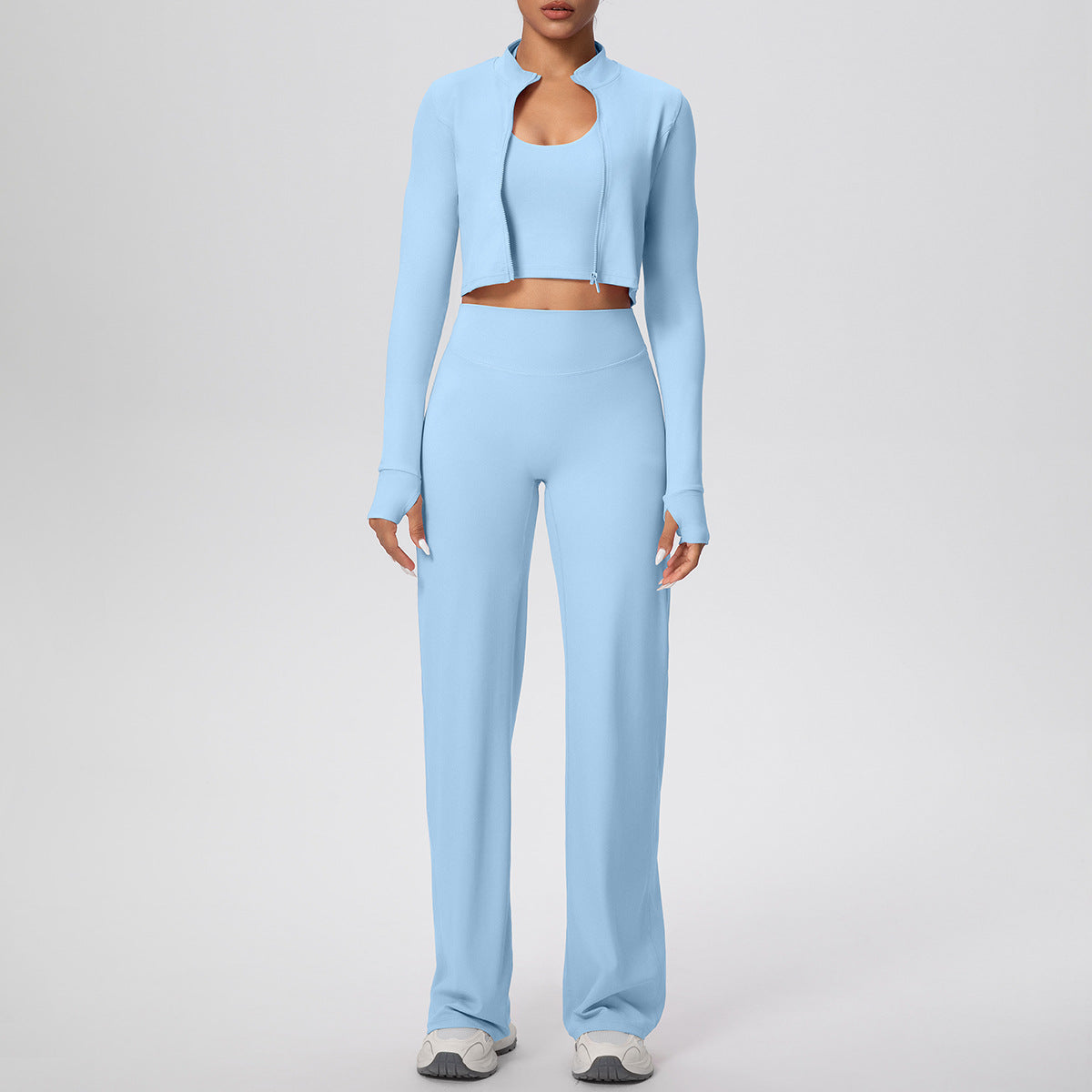 Solid Color Sports Zip Long Sleeve Coat Halterneck Vest Baggy Straight Trousers Workout Clothes Yoga Three Piece Suit